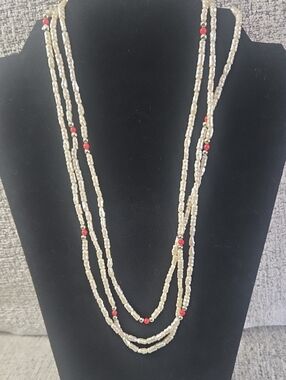 Multi-Strand Faux Rice Pearl Bead Necklace with Red Accents 66"